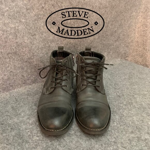 Steve Madden Men’s Leather Distressed Look Lace Up Side Zip Ankle Boots - Picture 1 of 11